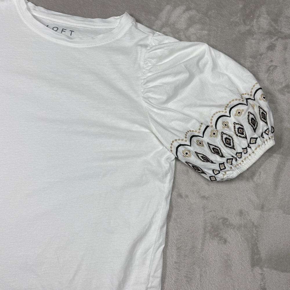 LOFT Embroidered Balloon Sleeve Top White 100% Cotton Lightweight Blouse Size MP - Picture 5 of 15